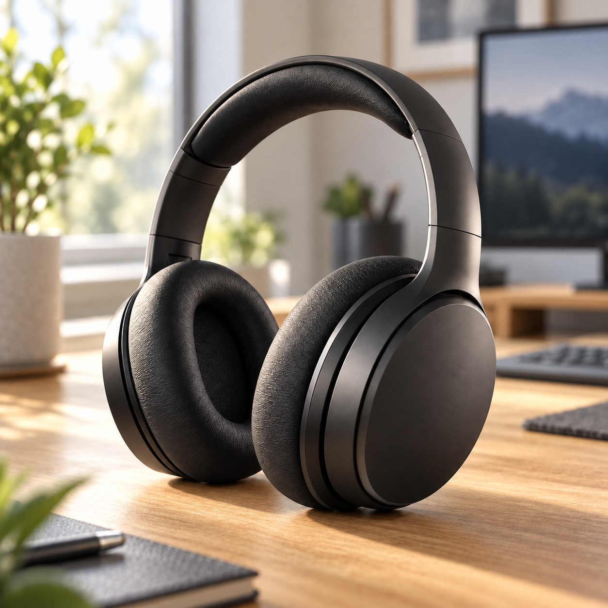 Headphones in a quiet workspace